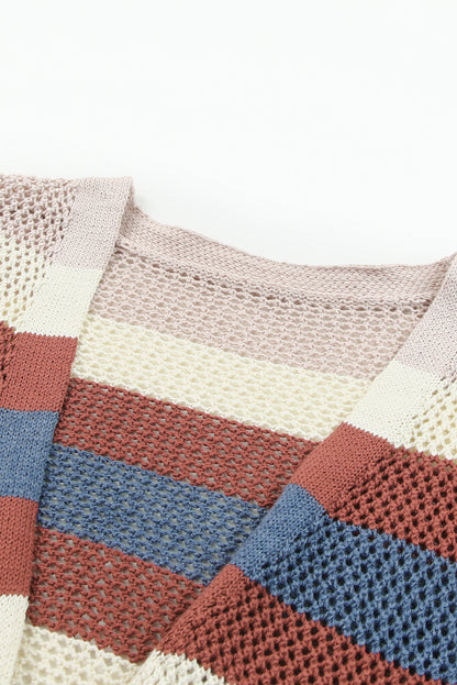 Dark Blue Color Block Striped Cut Out Knit Cardigan