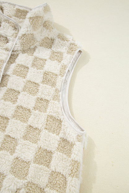 Khaki Sherpa Checkerboard Snap Button Vest Jacket