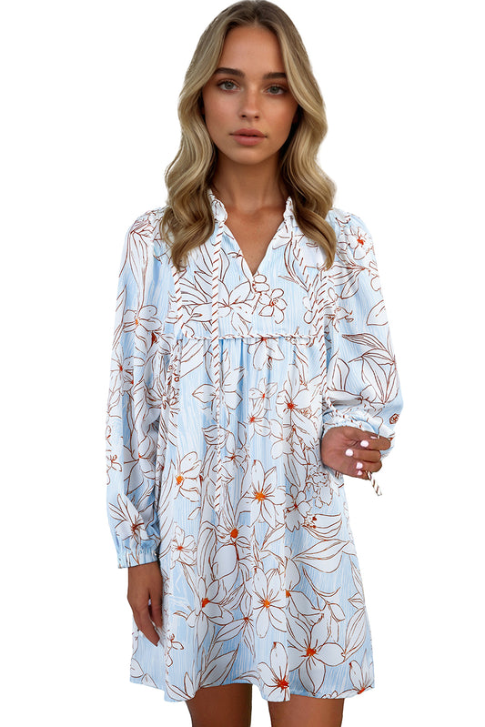 Brown Floral Print Tie Neck Long Sleeve Mini Dress