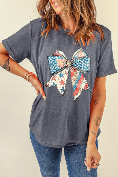 Gray USA Flag Bow Heat Transfer Printing Round Neck Loose T Shirt