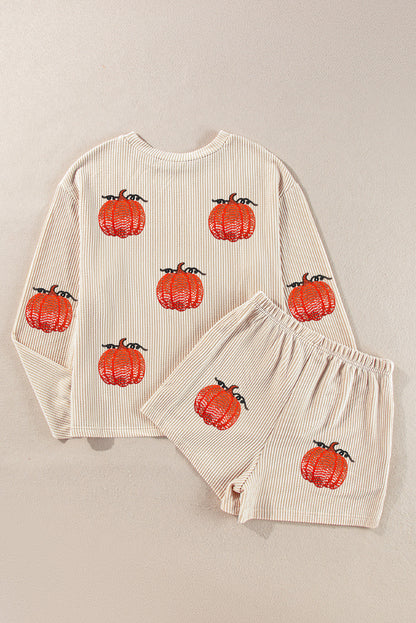 Parchment Twisted Rib Sequin Pumpkin Patched Long Sleeve Pullover and Shorts Set