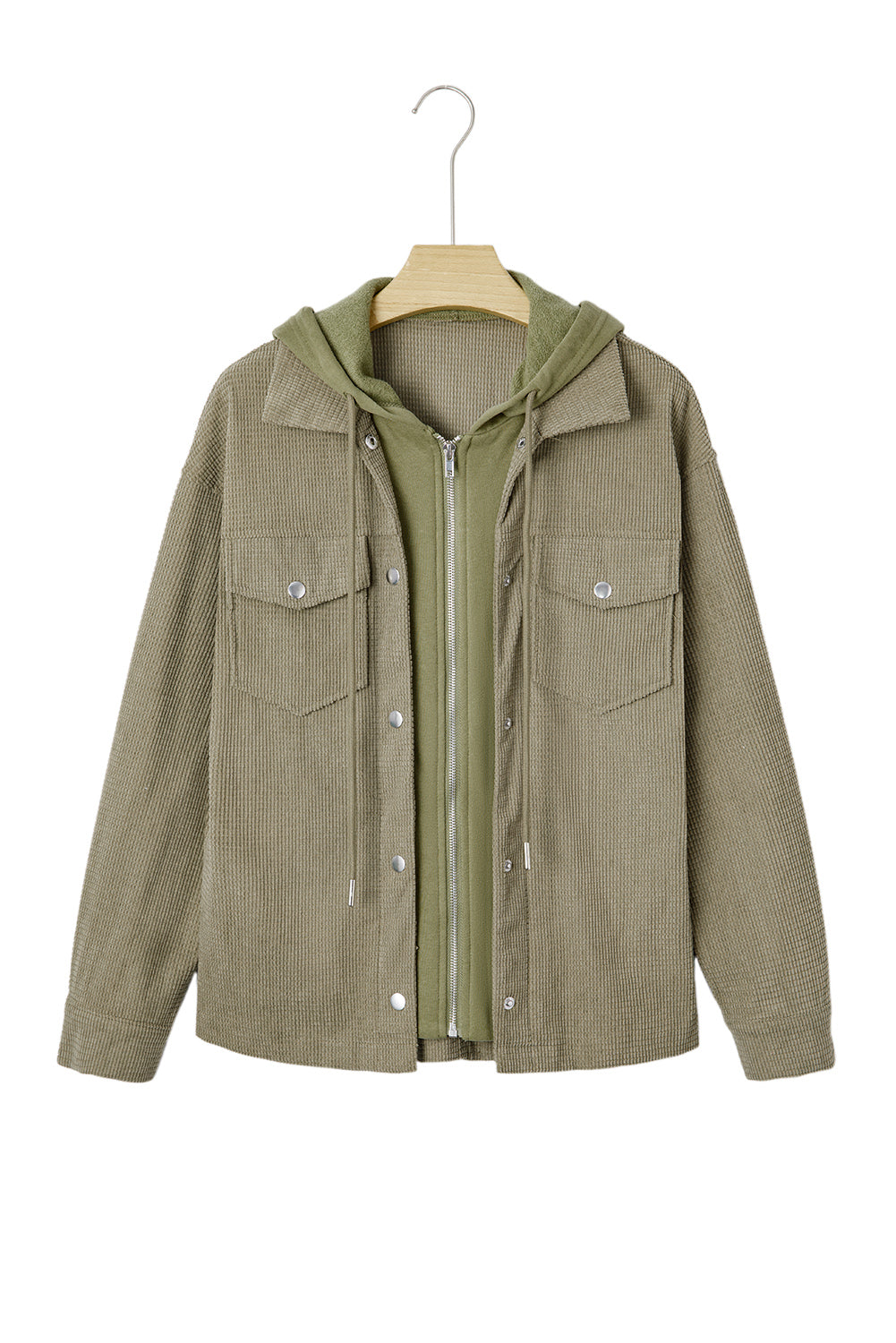 Laurel Green Solid Color Textured Patchwork Flap Pocket Shacket