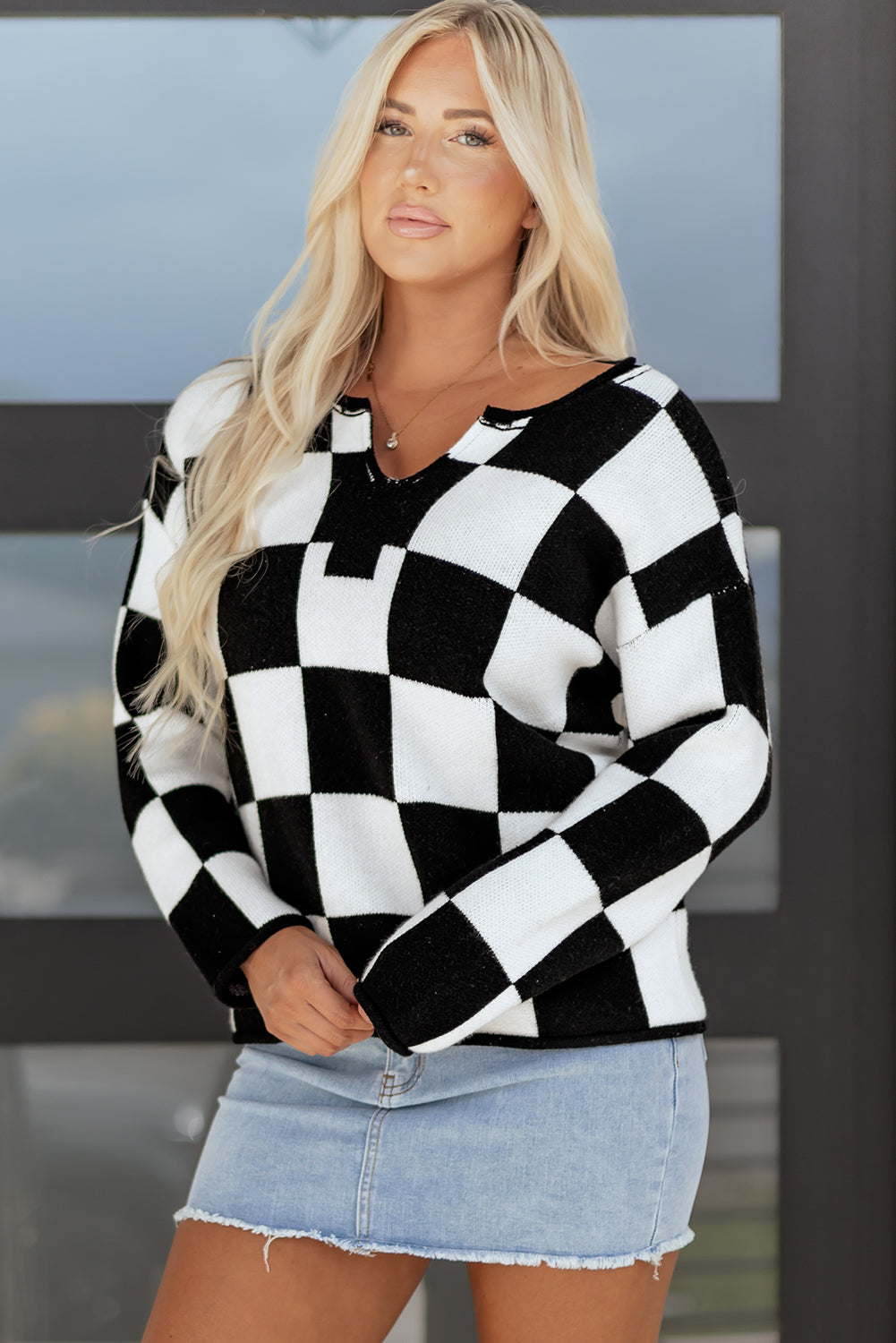 Green Checked Notched Neckline Drop Shoulder Knit Sweater