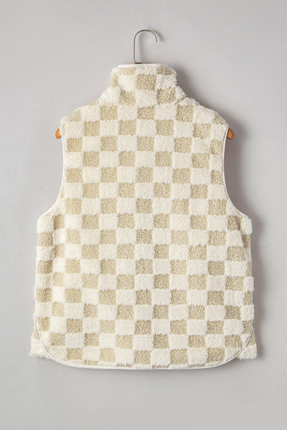 Khaki Sherpa Checkerboard Snap Button Vest Jacket