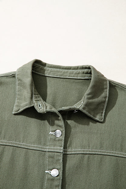 Smoke Green Pocket Collared Button Front Denim Jacket