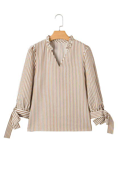 Straw Yellow Striped Frill V Neck Knot Bracelet Sleeve Blouse