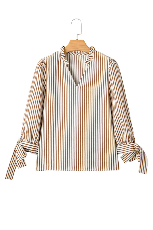 Straw Yellow Striped Frill V Neck Knot Bracelet Sleeve Blouse