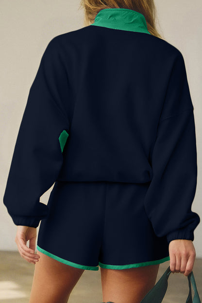 Black Colorblock Patchwork Half Button Pullover and Shorts Outfit