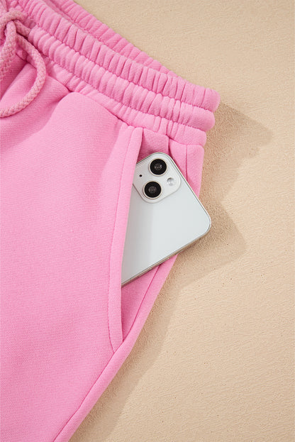 Strawberry Pink Colorblock Pullover and Drawstring Shorts Set