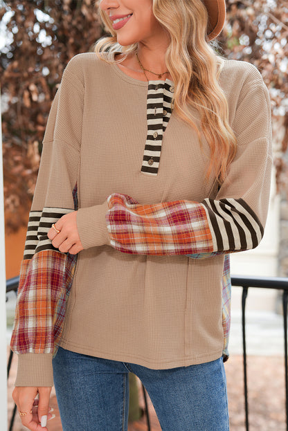 Straw Yellow Waffle Stripe Plaid Patchwork Henley Top