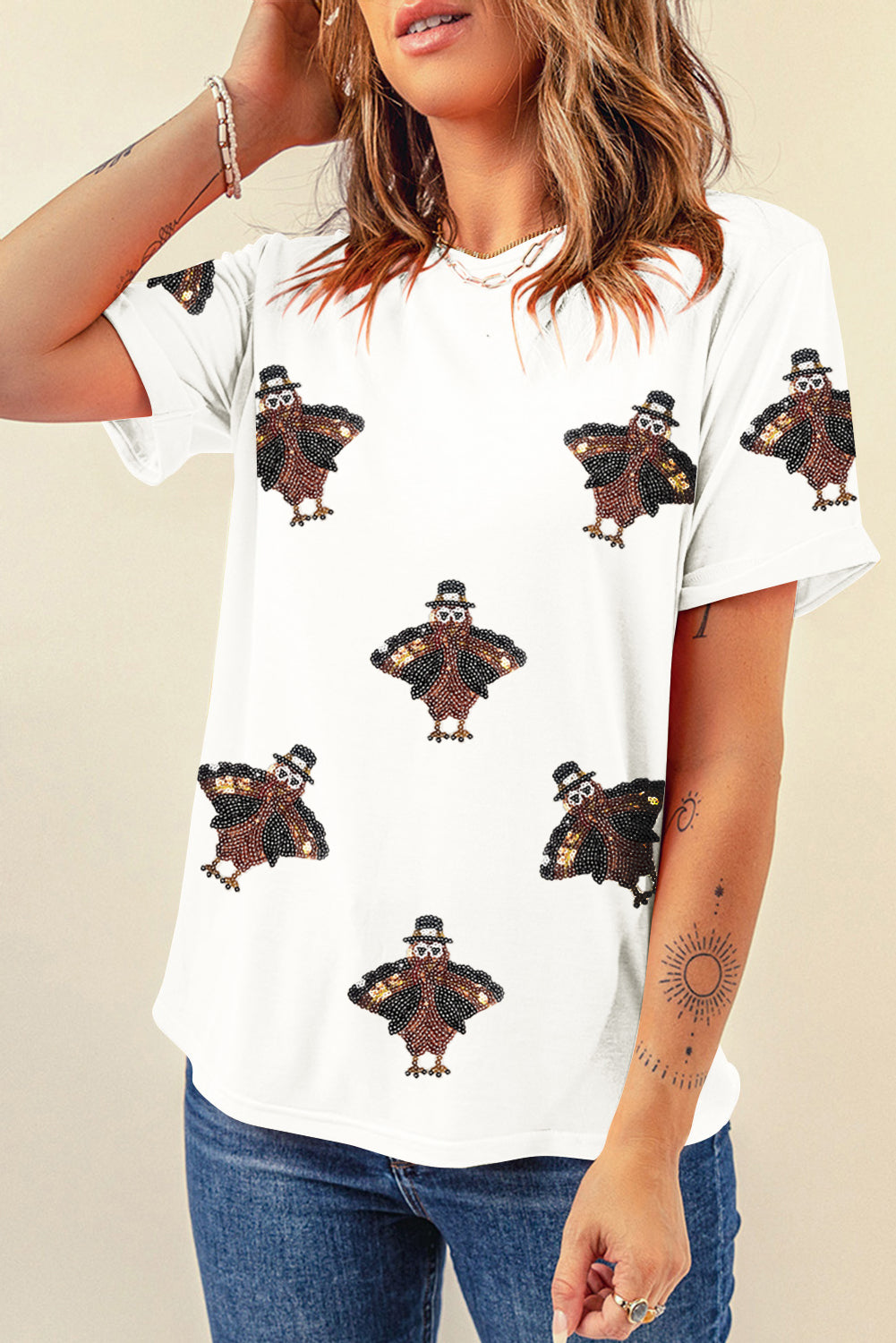 Khaki Turkey Sequin Patch Application Round Neck Graphic Tee