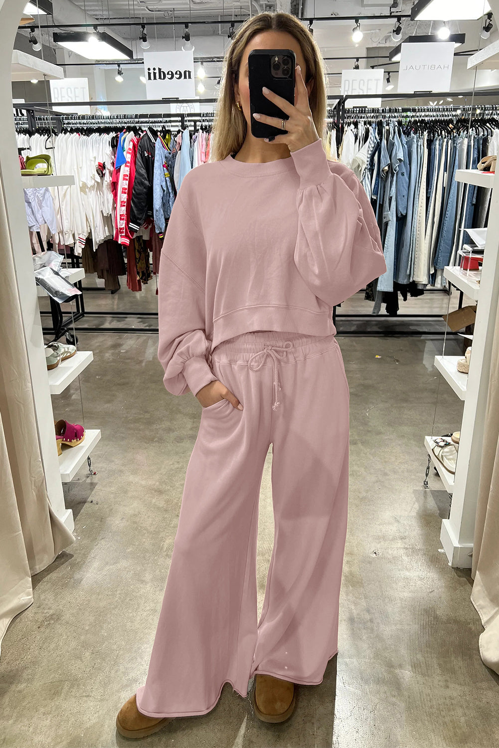 Yellow Cream Drop Shoulder Crop Pullover Drawstring Wide Leg Pants Set