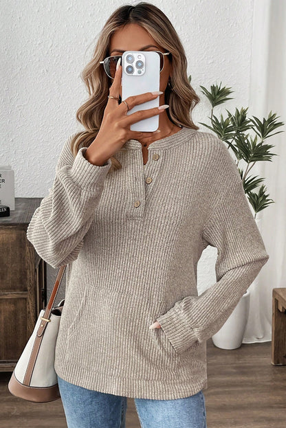 Clearly Aqua Ribbed Texture Drop Shoulder Henley Knit Top