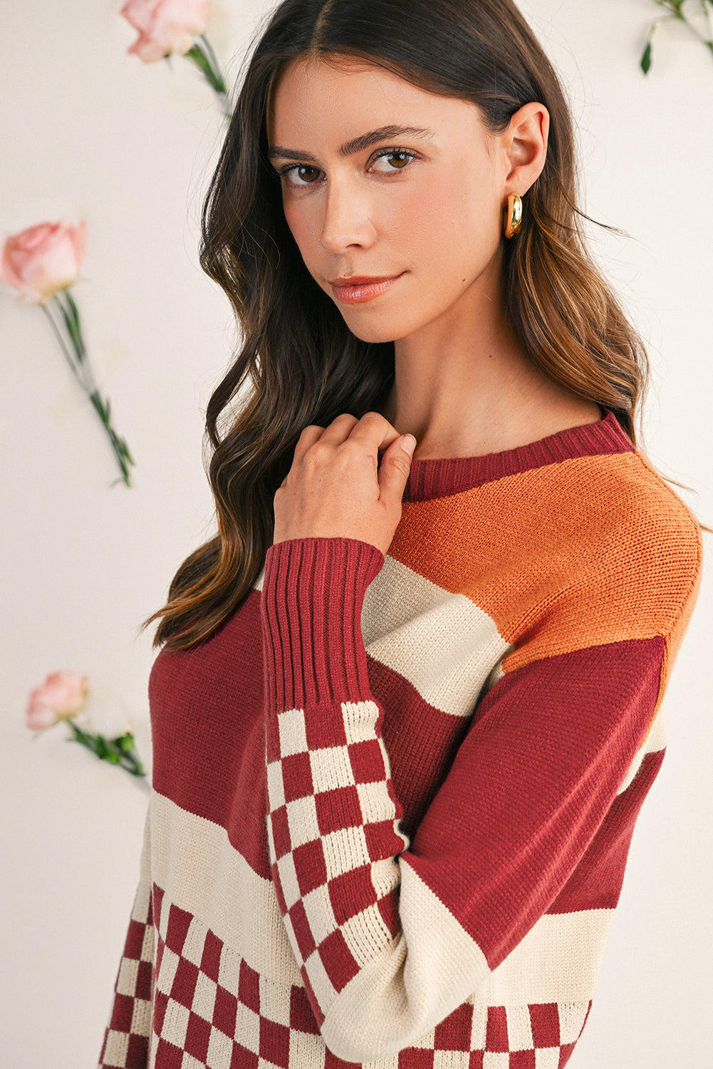 Brown Checkered Colorblock Knitted Drop Shoulder Sweater