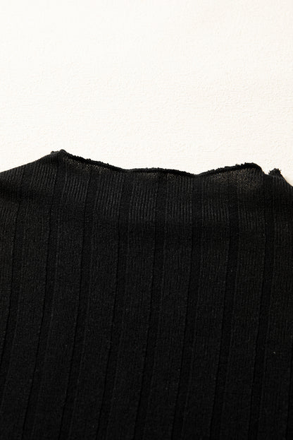 Black Frilled Neck Ribbed Knit Patchwork Long Sleeve Mini Dress