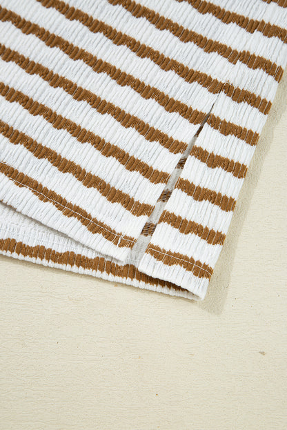 White Stripe Textured Collared Pullover Top and Drawstring Pants Set