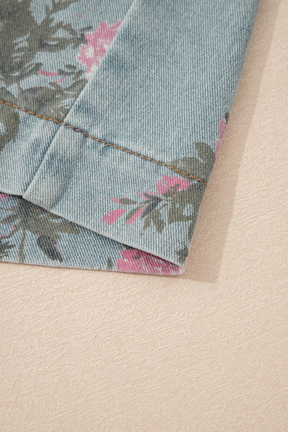 Beau Blue Floral Print Pleated High Waist Wide Leg Denim Jumpsuit