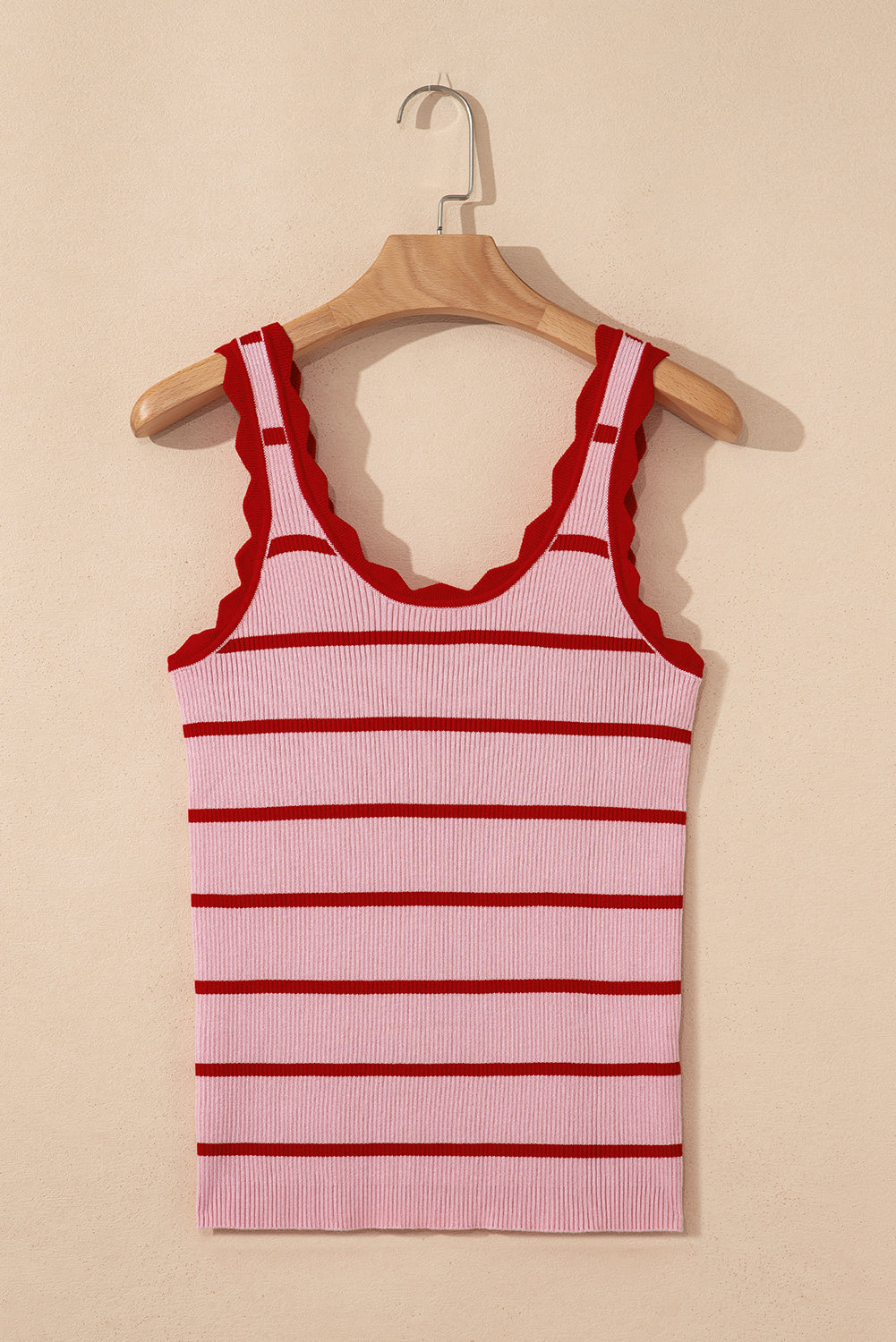Bright Green Scalloped Edge Striped Ribbed Tank Top