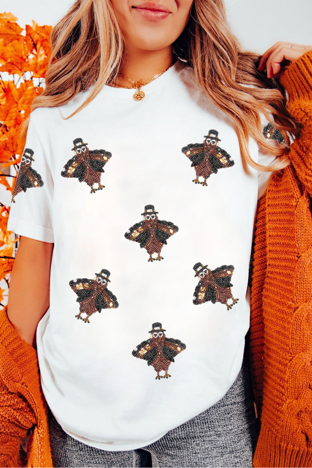 Khaki Turkey Sequin Patch Application Round Neck Graphic Tee