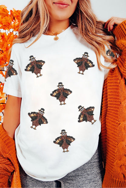 Khaki Turkey Sequin Patch Application Round Neck Graphic Tee