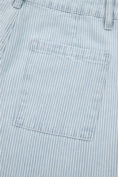 Sky Blue Striped Button Flap Pocket Cuffed Hem Wide Leg Jeans