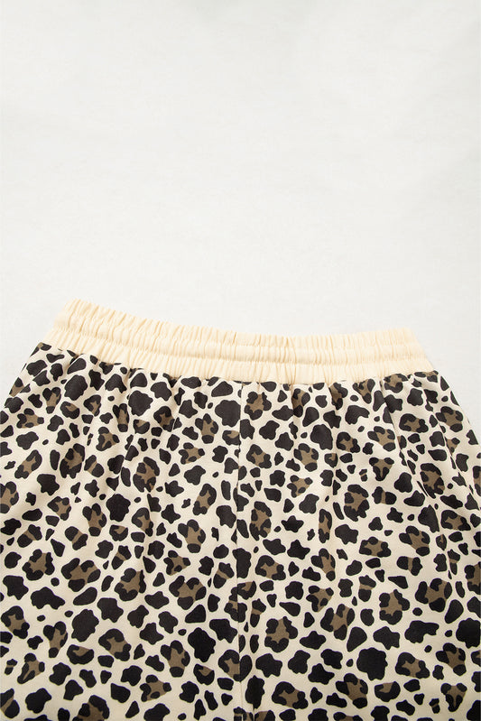 Brown Leopard Print Contrast Trim Two Piece Shorts Set