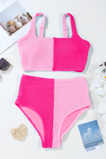 Sky Blue Corded Colorblock Square Neck Bikini Swimsuit