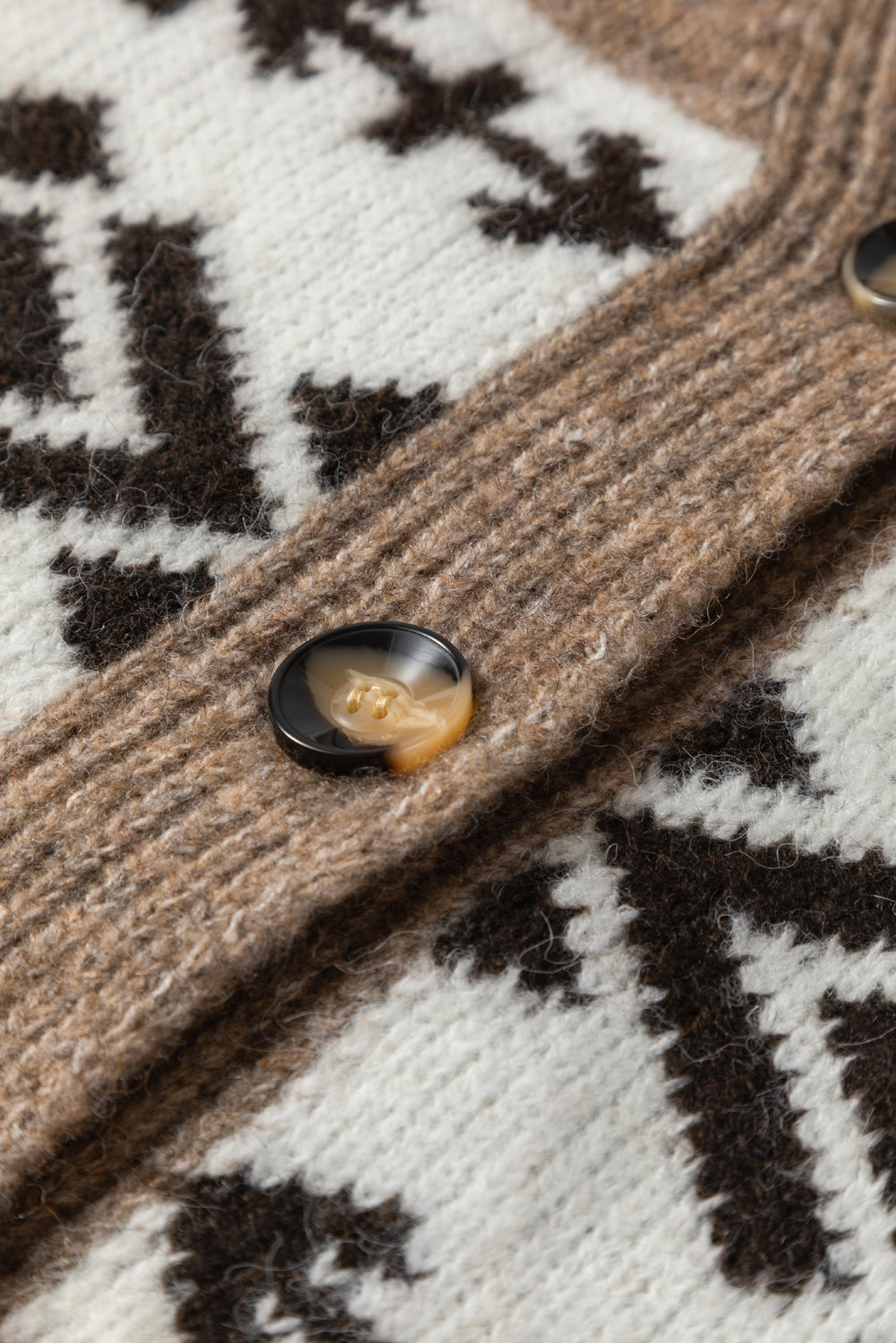Dark Khaki Ethnic Geometric Pattern Button Front V Neck Cardigan