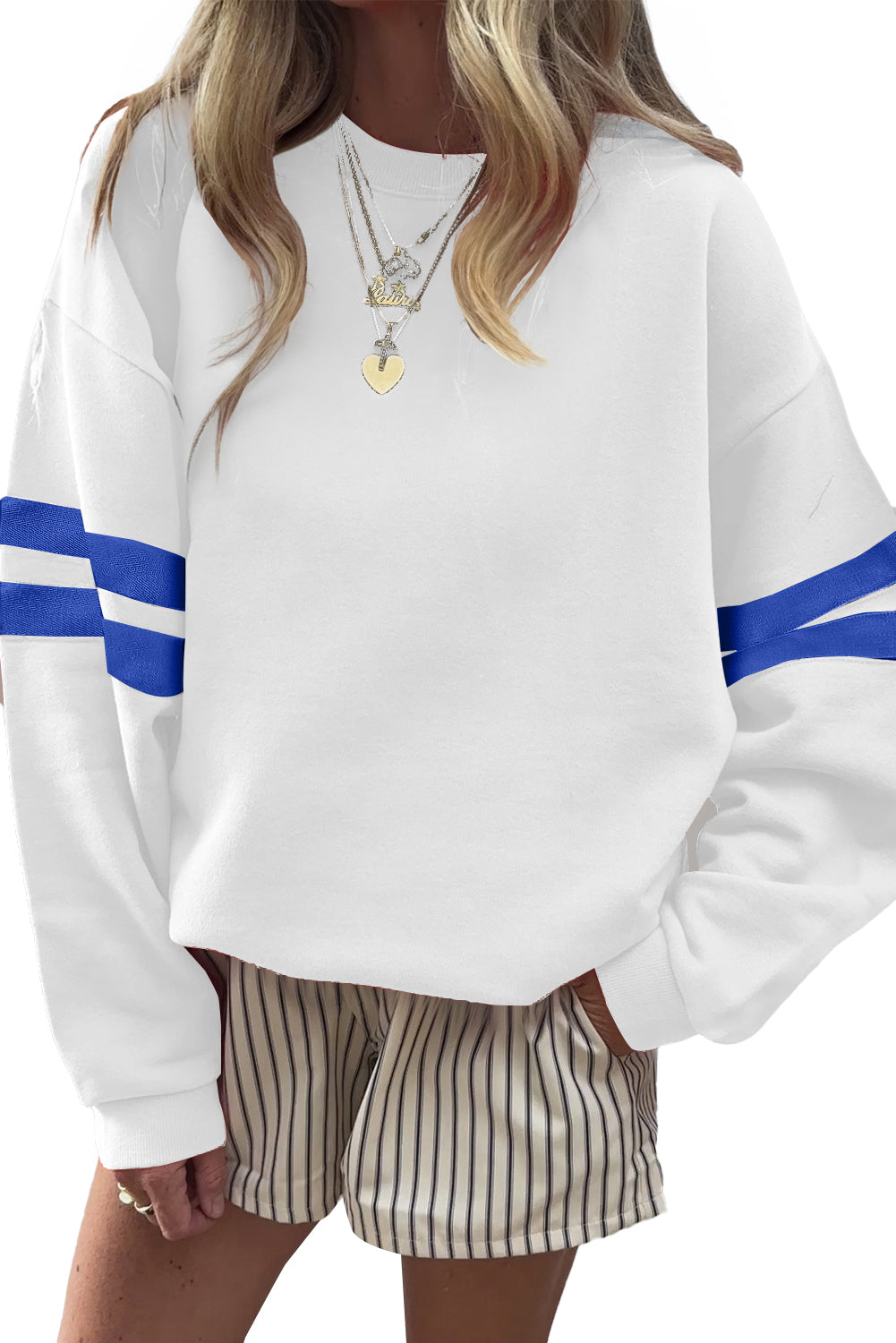 Coffee Preppy Striped Sleeve Loose Sweatshirt