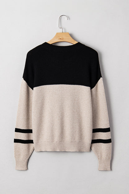 Dark Brown Colorblock Striped Sleeve Detail Knit Sweater
