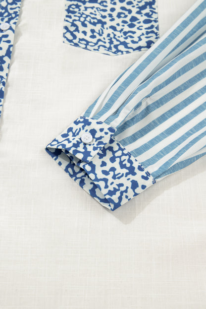 Sky Blue Leopard Striped Patchwork Casual Plus Shirt