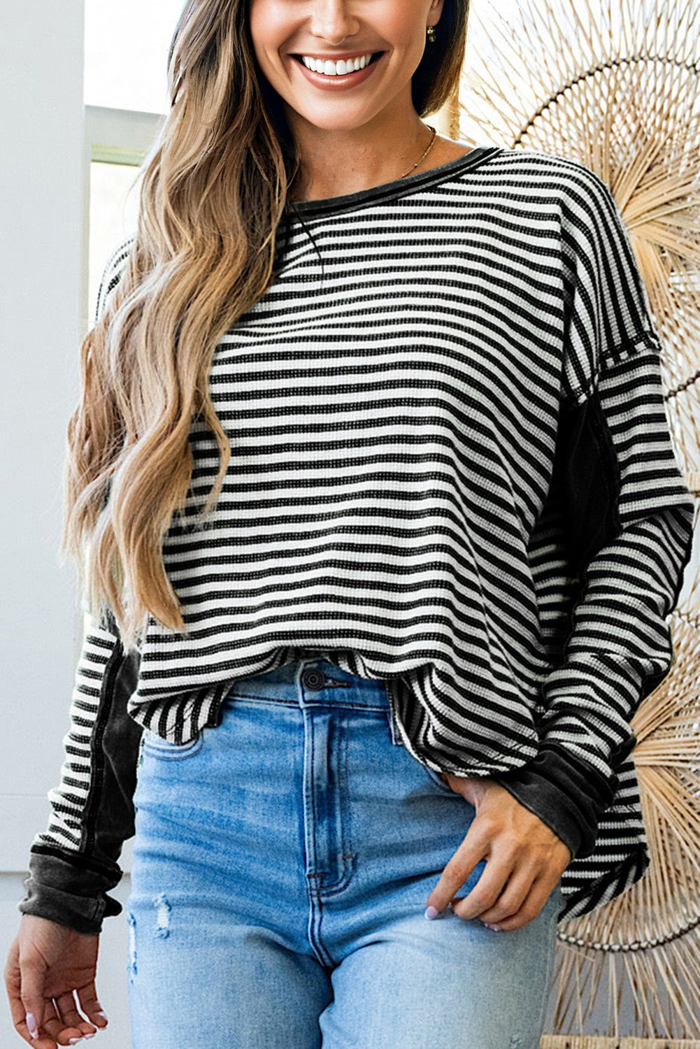 Black Stripe Patchwork Drop Shoulder Round Neck Top