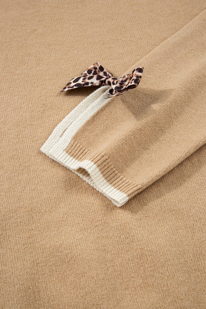 Tan Leopard Bow Decor Split Cuffs Contrast Trim Sweater