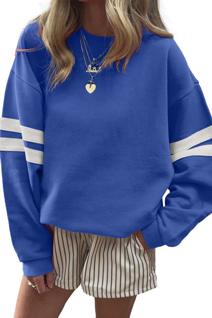 Coffee Preppy Striped Sleeve Loose Sweatshirt