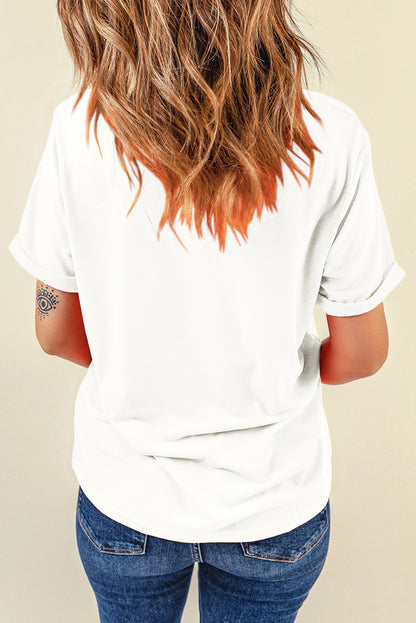 White Pumpkin Leaves Sequins Patch Fall Vibe Graphic T Shirt