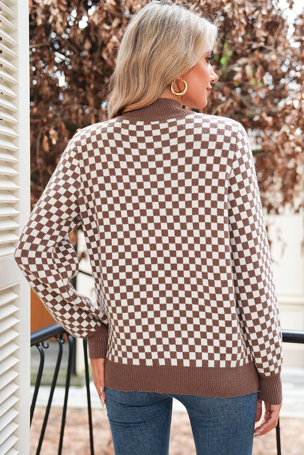 Dark Brown Plaid Contrast Trim Button Neck Sweater