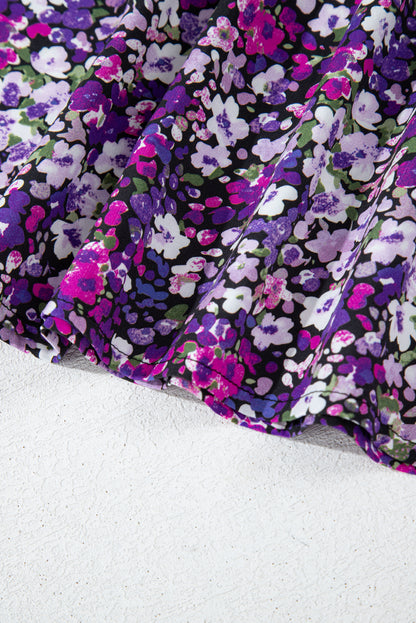 Purple Boho Ditsy Floral Split V Neck Bubble Sleeve Blouse