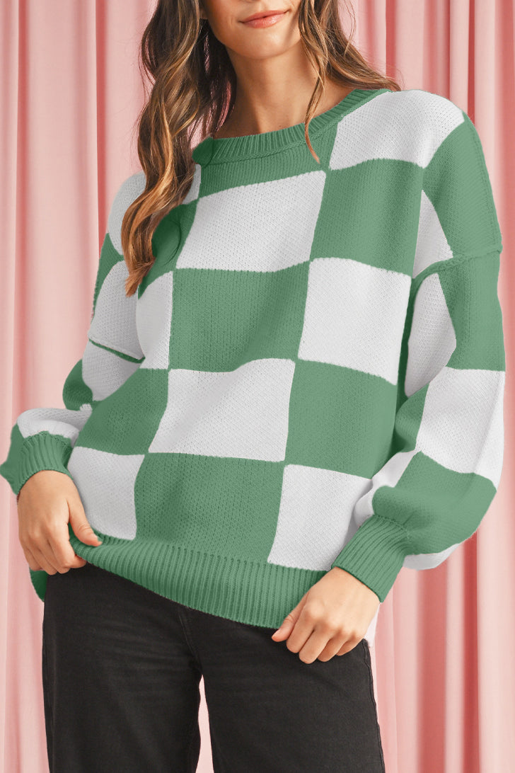 Dark Brown Plaid Bishop Sleeve Pullover Sweater