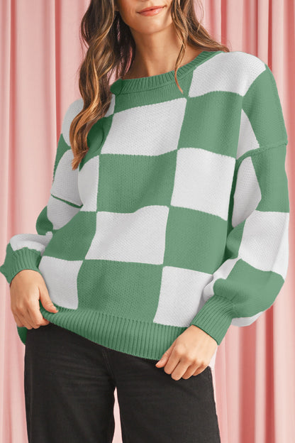 Dark Brown Plaid Bishop Sleeve Pullover Sweater