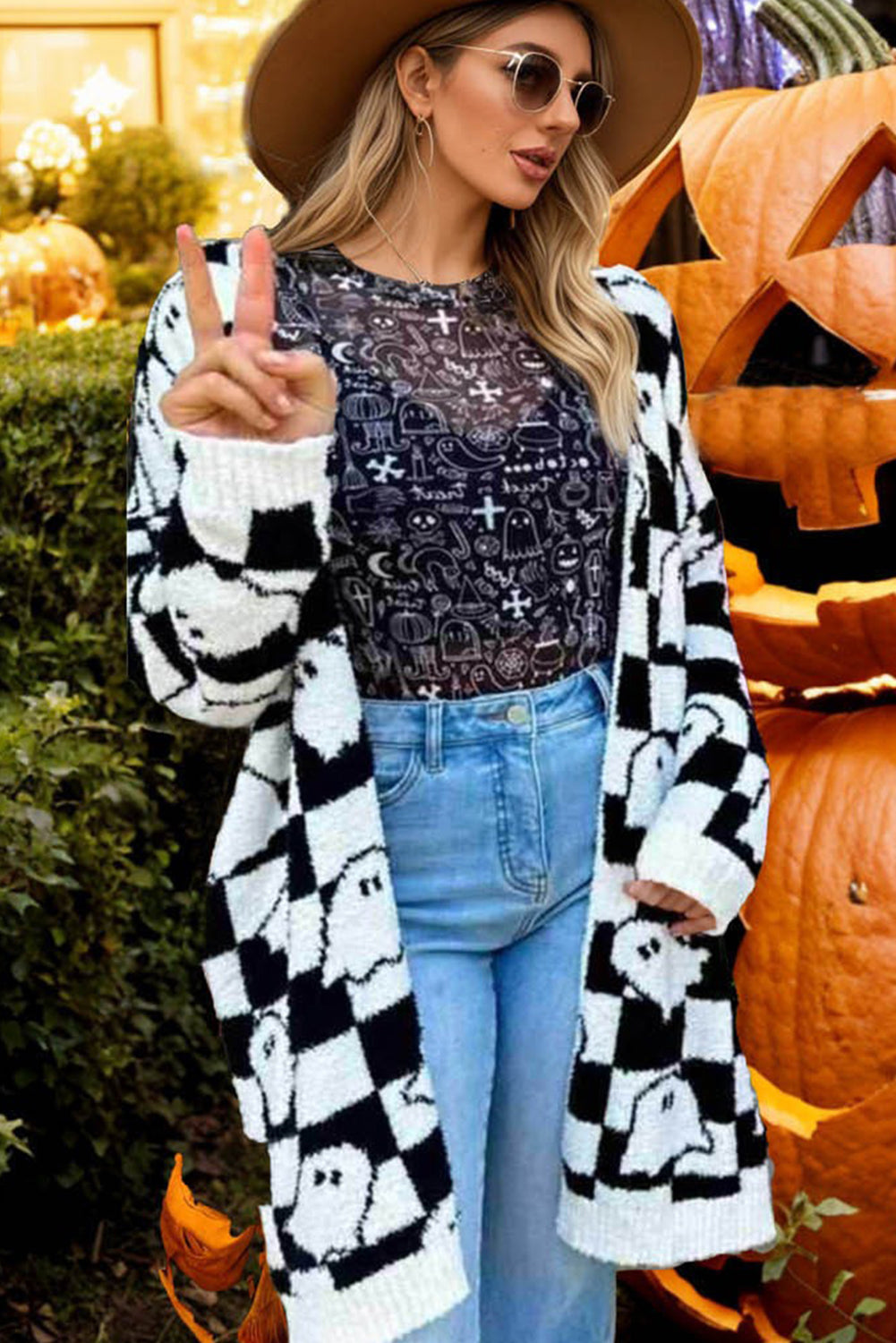 Black Halloween Ghost Pattern Mid length Knitted Cardigan