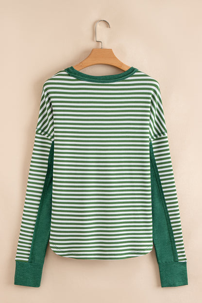 Black Stripe Patchwork Drop Shoulder Round Neck Top