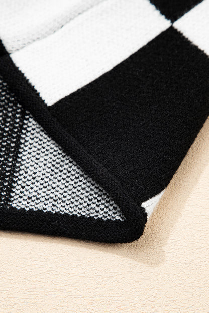 Green Checked Notched Neckline Drop Shoulder Knit Sweater