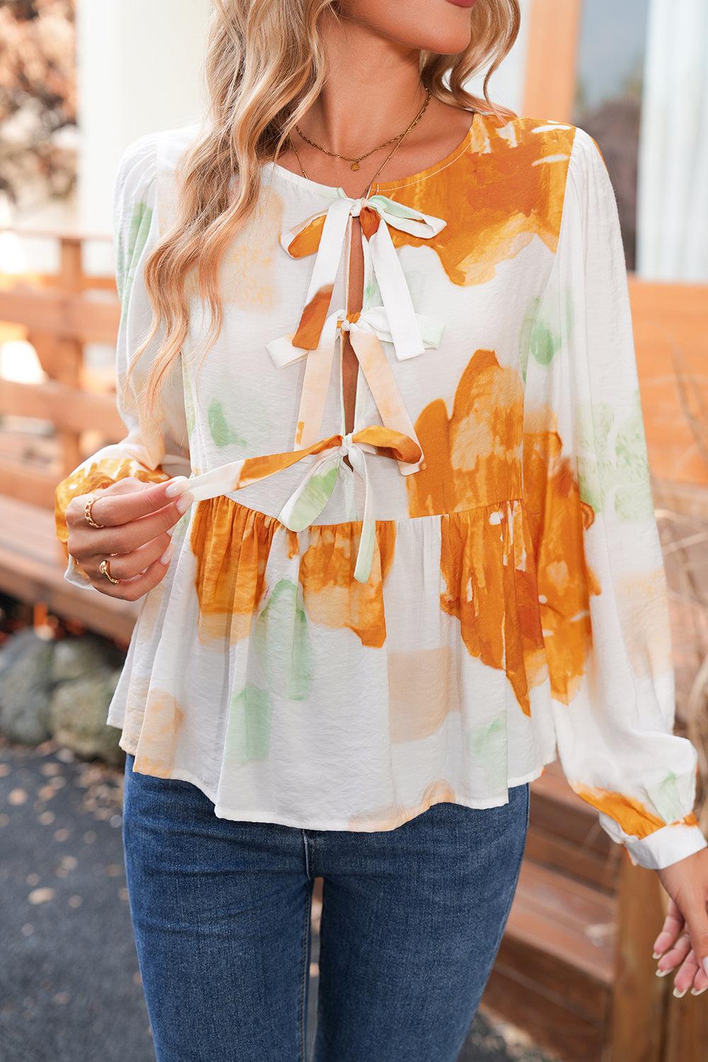 Carrot Abstract Print Bubble Sleeve Bow Front Top