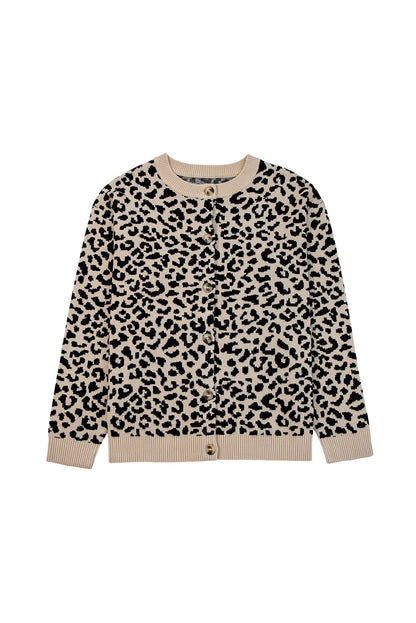 Khaki Leopard Drop Shoulder Knitted Cardigan