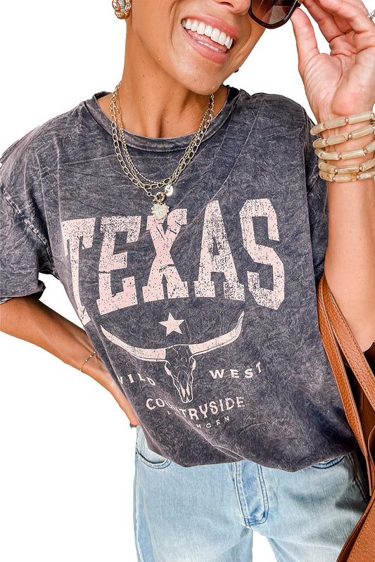 Medium Grey TEXAS Steer Head Graphic Mineral Wash Oversized T Shirt