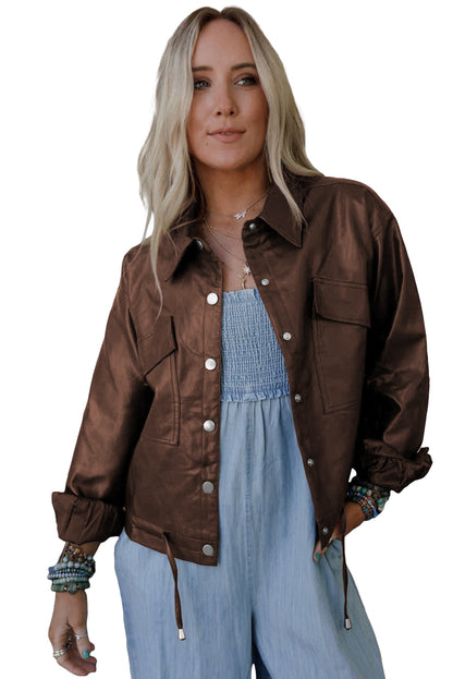 Chicory Coffee Flap Pocket Drawstring Hem Leather Jacket