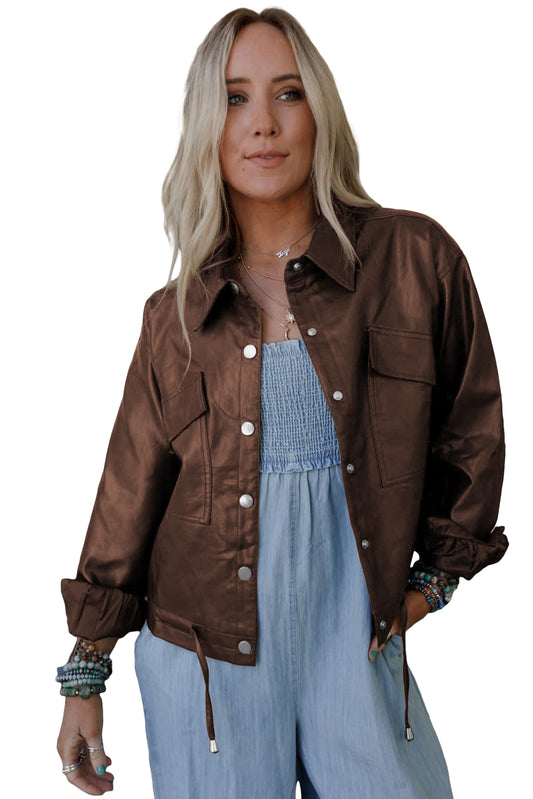 Chicory Coffee Flap Pocket Drawstring Hem Leather Jacket