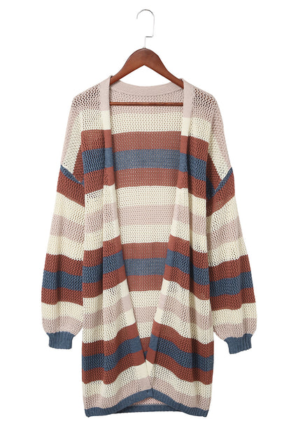 Dark Blue Color Block Striped Cut Out Knit Cardigan