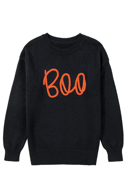 Black Halloween Boo Drop Shoulder Knit Sweater