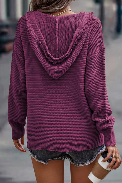 Black Split V Neck Pullover Knit Hooded Sweater